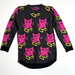Monte Milano Gray Sweater with Pink Cat Design Knit Pullover Size Medium
